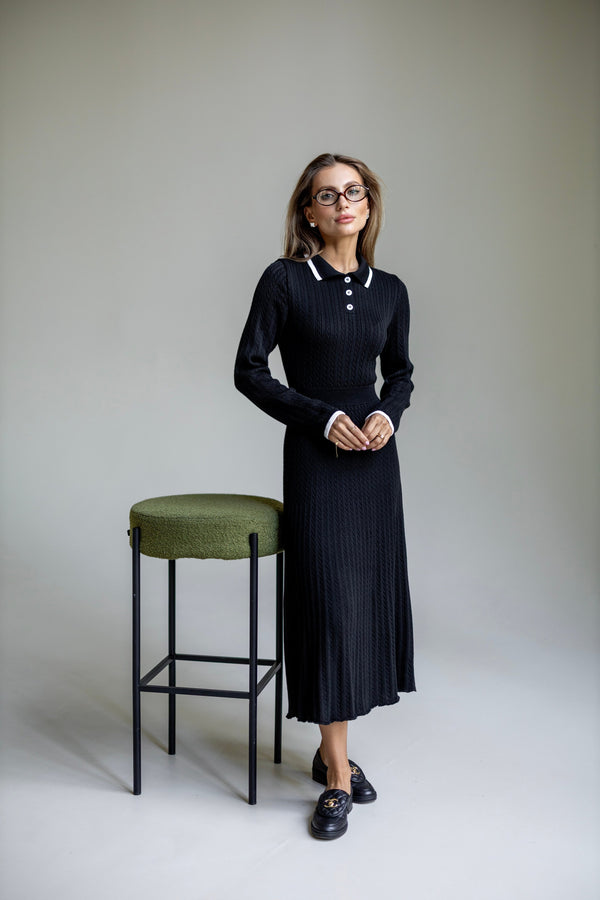 Constance Contrast-Collar Knit Midi Dress – Black
