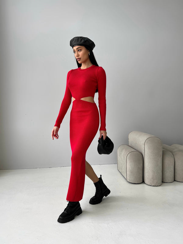 Nadia Ribbed Cut-Out Knit Set – Red