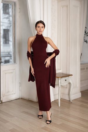 Salomé Halter Maxi & Cardigan Set – Burgundy