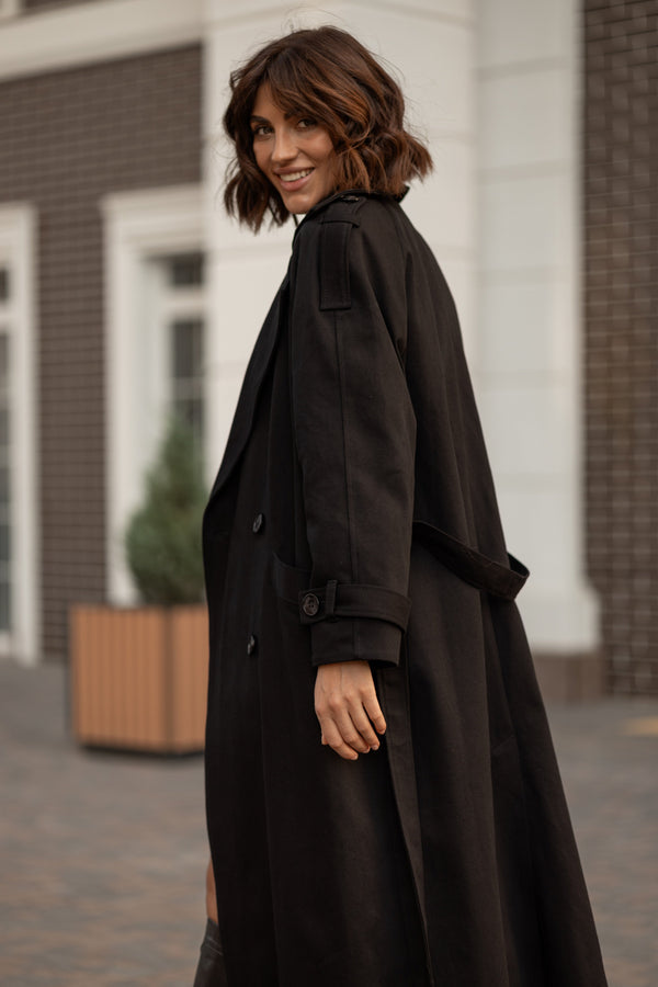 Dorothée Belted Faux-Leather Trench – Brown