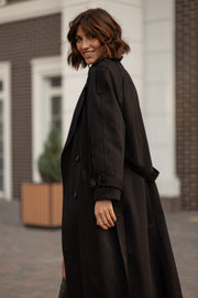 Dorothée Belted Faux-Leather Trench in Brown