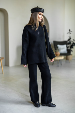 Agathe Half-Zip Knit Set – Black