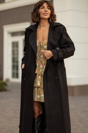 Dorothée Belted Faux-Leather Trench – Brown