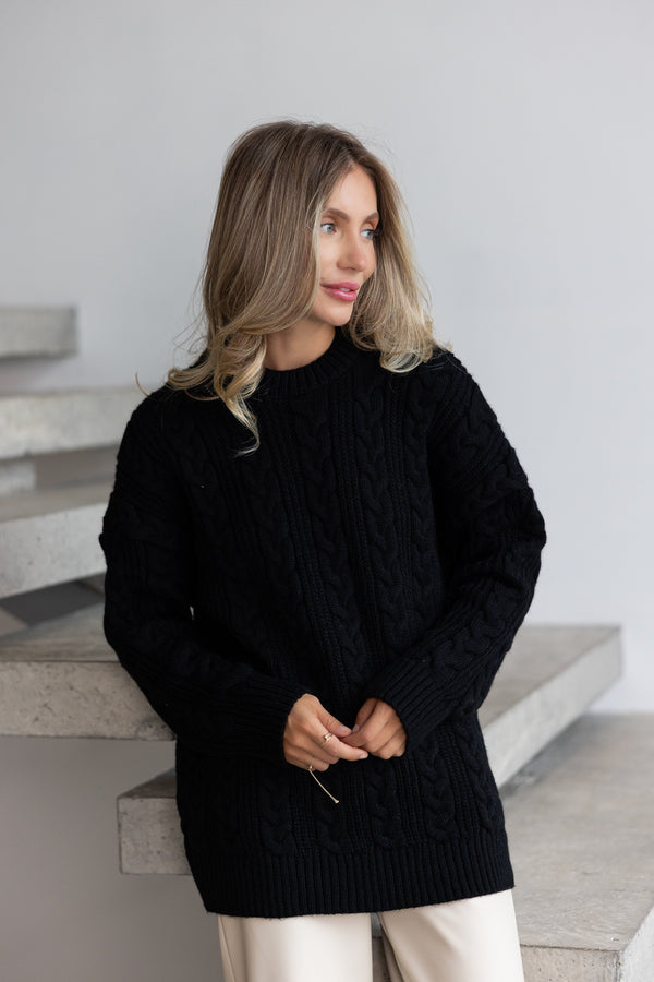 Mireille Cable Knit Sweater – Black
