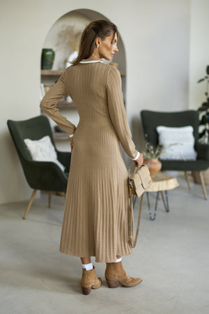 Constance Contrast-Collar Knit Midi Dress – Camel