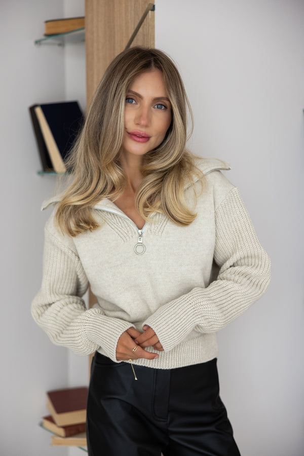 Éliane Half-Zip Cropped Sweater – Sand