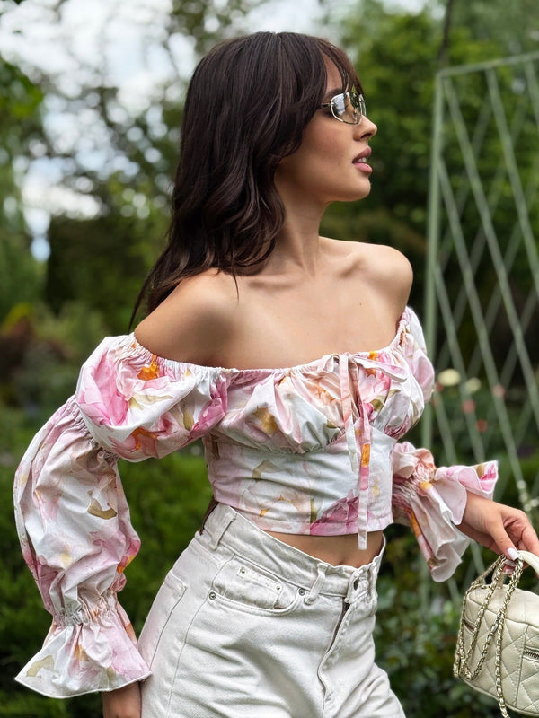 Sylvaine Off-Shoulder Printed Crop Top