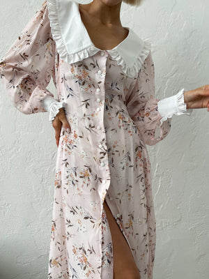 Domitille Collared Floral Midi Dress – Powder