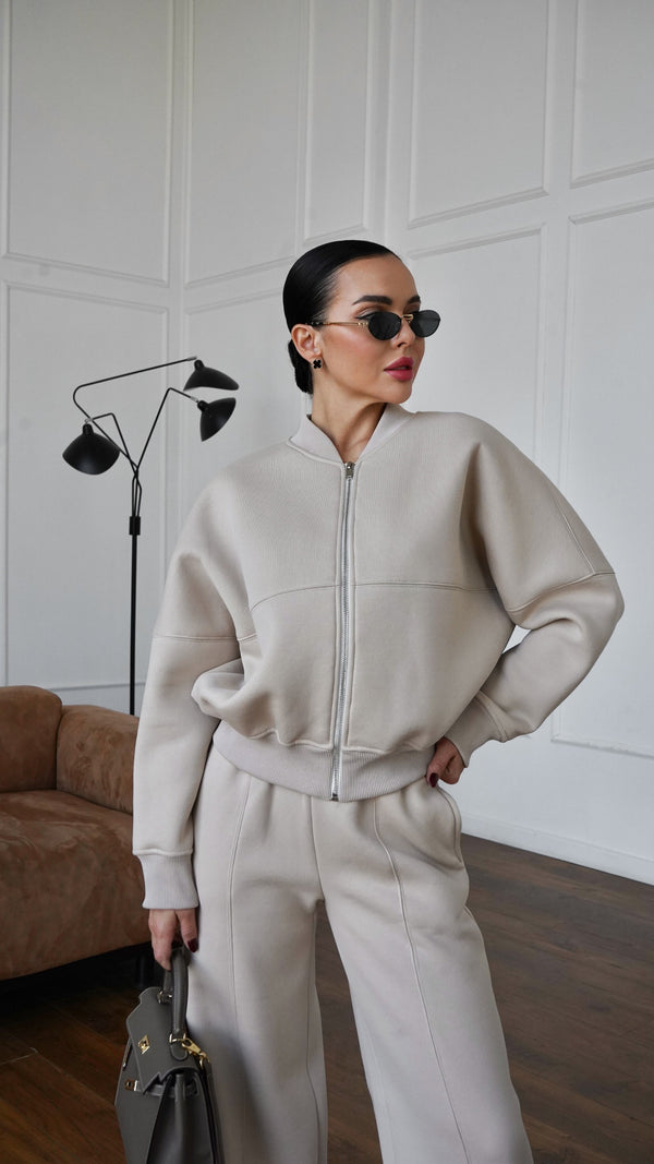 Alara Zip-Through Knit Set – Beige