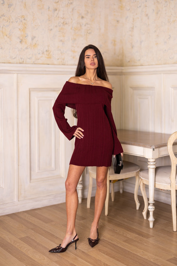 Noor Off-Shoulder Knit Dress – Burgundy