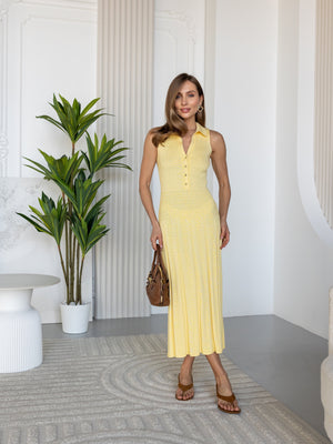 Victorine Pleated Polo Knit Dress – Yellow