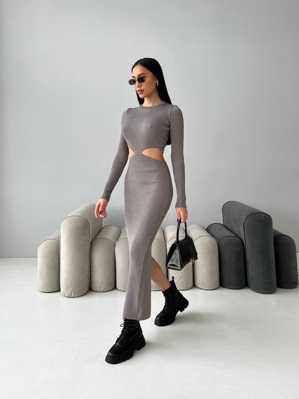 Nadia Ribbed Cut-Out Knit Set – Grey