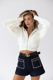 Capucine Cropped Zip Knit Jacket in Milk White