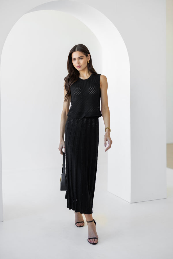 Ophélie Knit Top & Pleated Skirt Set – Black