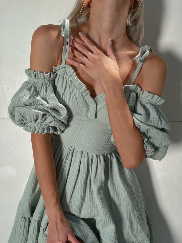 Flavie Off-Shoulder Tiered Mini Dress – Sage