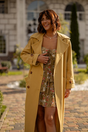 Dorothée Belted Faux-Leather Trench – Mustard