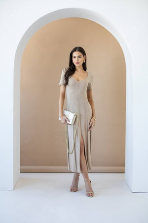 Isadora Slit Knit Maxi Dress – Beige