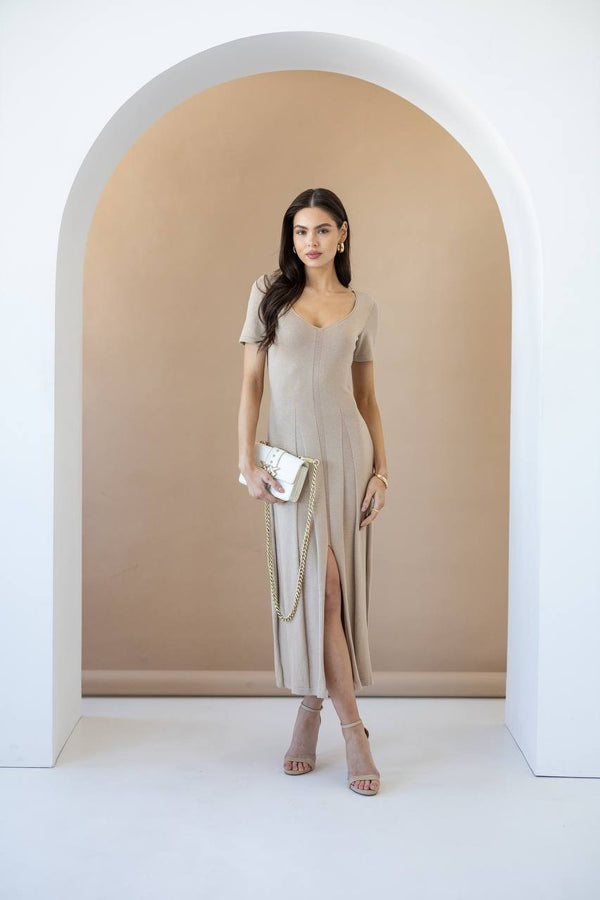 Isadora Slit Knit Maxi Dress – Beige