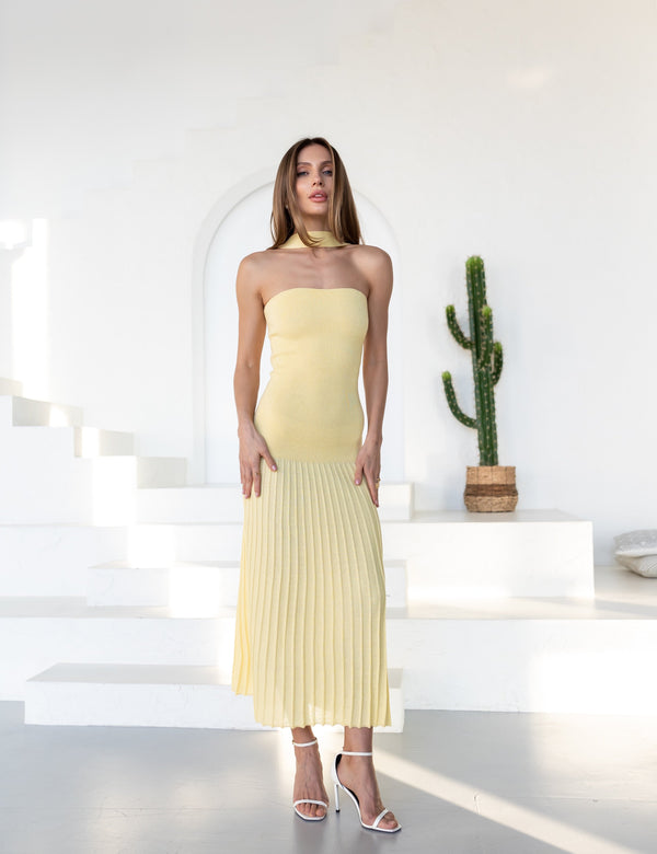 Emeline Strapless Pleated Dress – Yellow