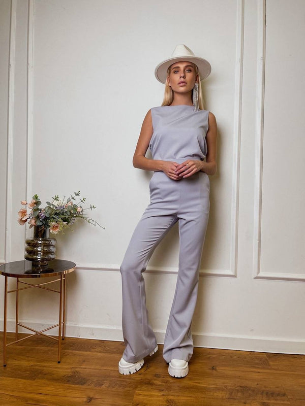 Hortense Sleeveless Top & Flare Trouser Set – Light Grey