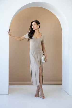 Isadora Slit Knit Maxi Dress – Beige