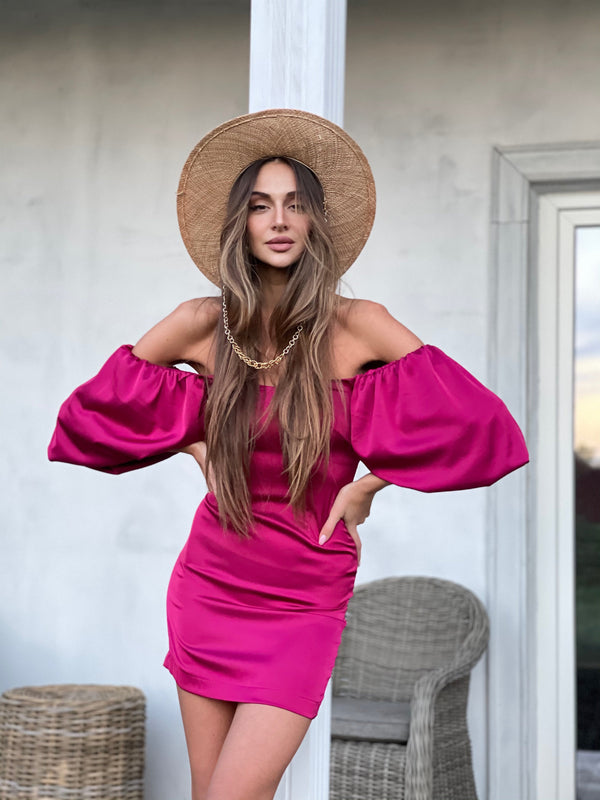 Sylvette Off-Shoulder Satin Mini Dress – Fuchsia