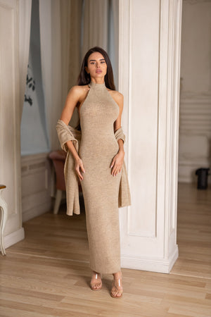 Salomé Halter Maxi & Cardigan Set – Beige