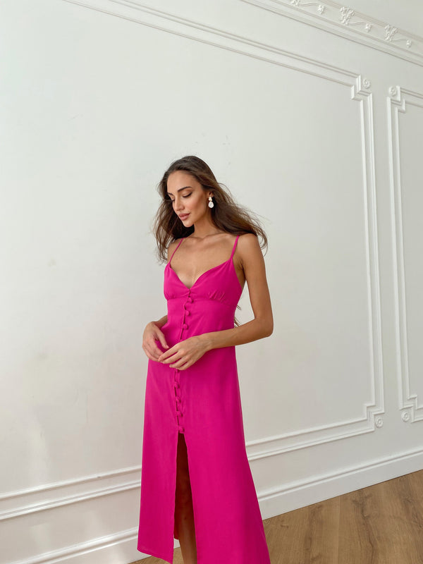 Nolwenn Buttoned Satin Slip Dress – Fuchsia