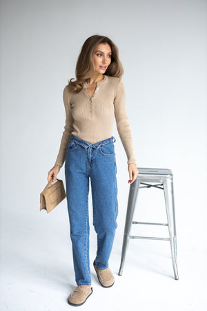 Elise Buttoned Knit Top – Beige