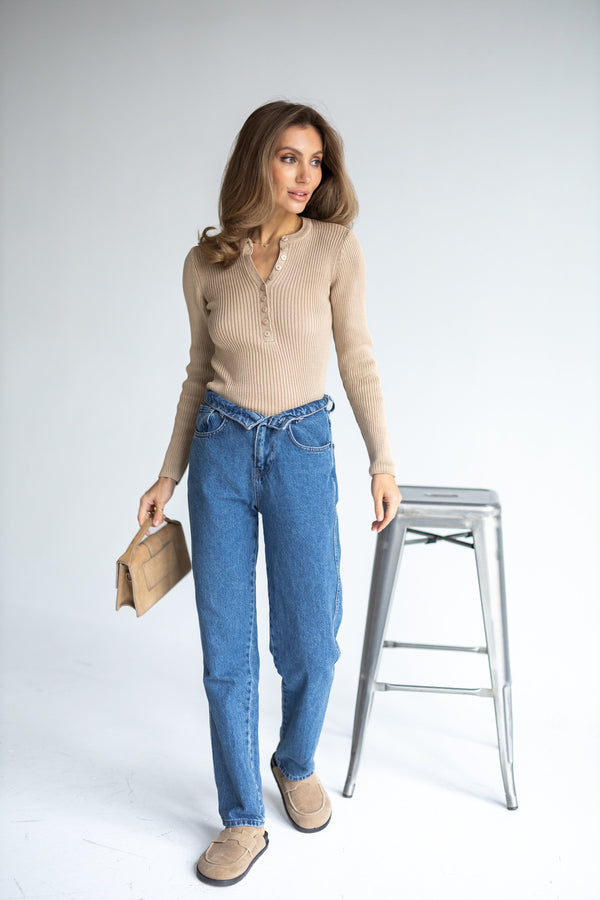 Elise Buttoned Knit Top – Beige