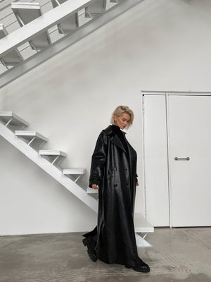Dorothée Belted Faux-Leather Trench – Black