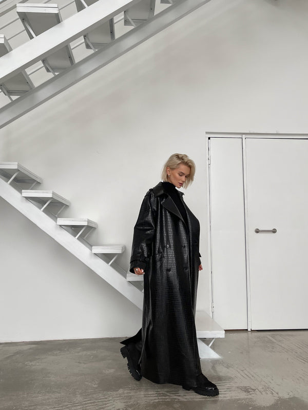 Dorothée Belted Faux-Leather Trench – Black