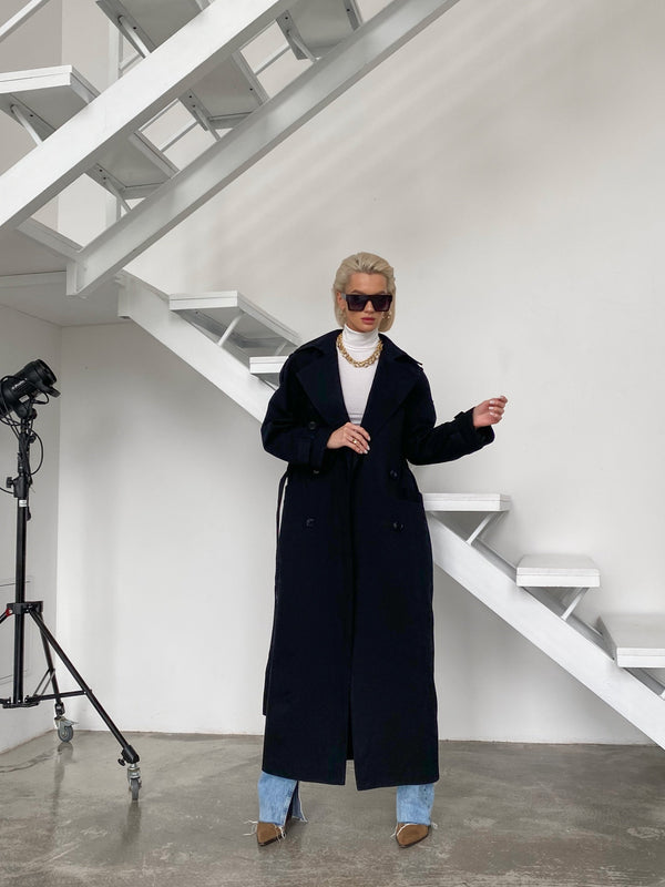Dorothée Belted Faux-Leather Trench – Navy