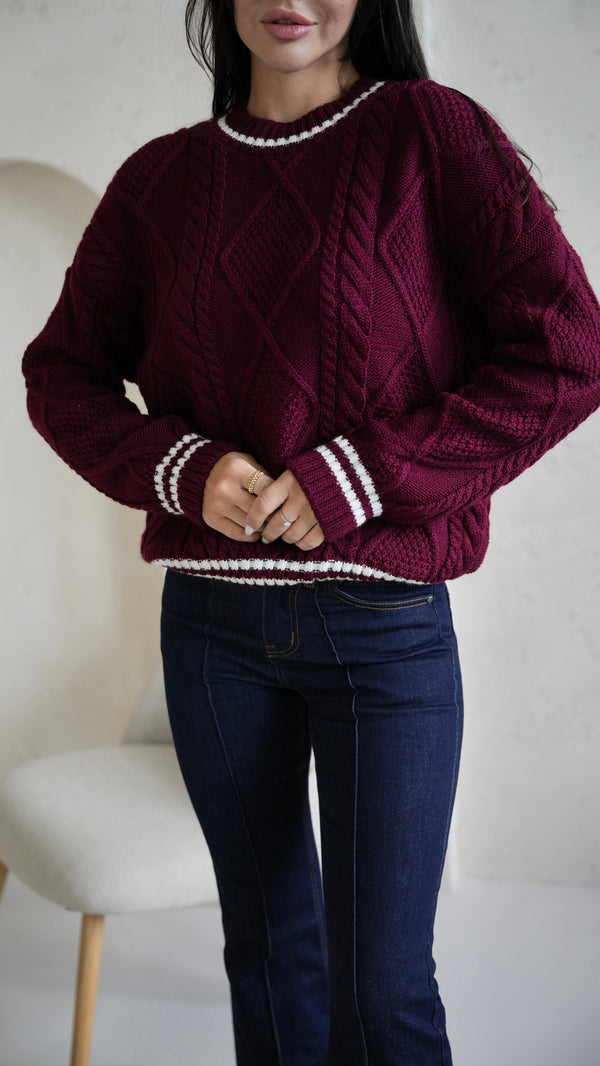 Beatrice Contrast-Trim Cable Sweater – Burgundy