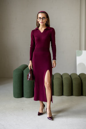 Sylvie Collared Knit Midi Dress – Burgundy
