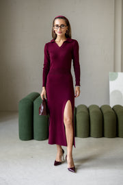 Sylvie Collared Knit Midi Dress in Burgundy