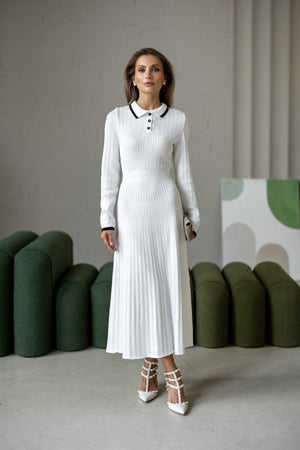Constance Contrast-Collar Knit Midi Dress – White