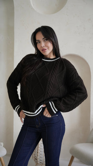 Beatrice Contrast-Trim Cable Sweater – Black