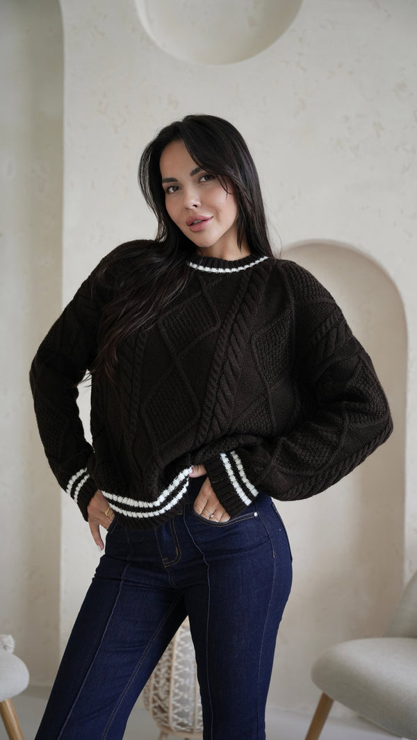 Beatrice Contrast-Trim Cable Sweater – Black