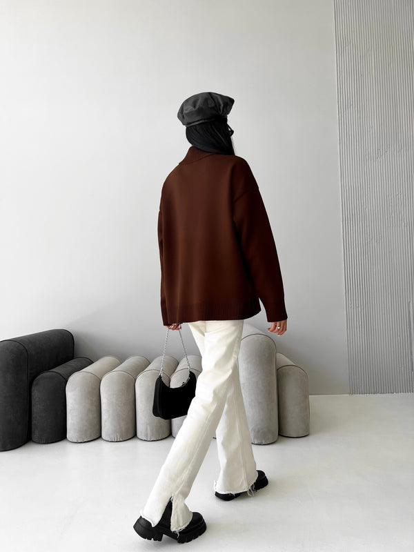 Maren Half-Zip Tunic Sweater – Brown