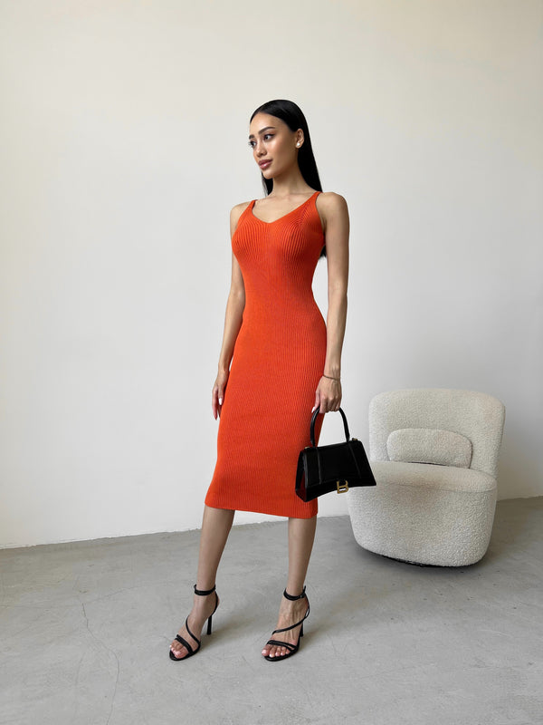Isaure Ribbed Knit Midi Dress – Orange
