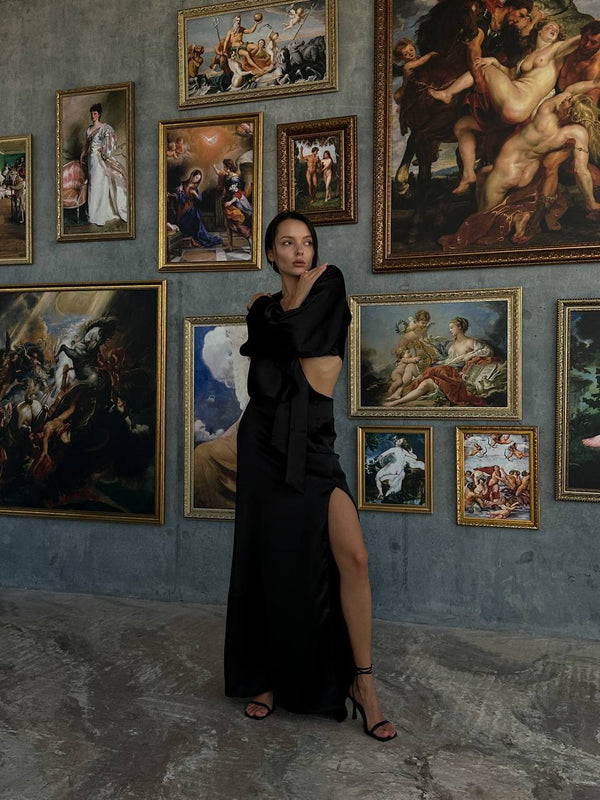Black Satin Tie Maxi Dress