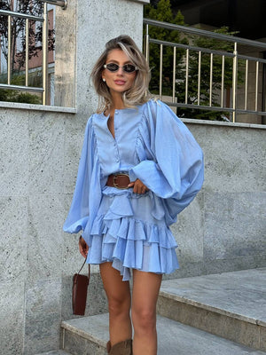 Rochie mini albastră cu volane Sicily