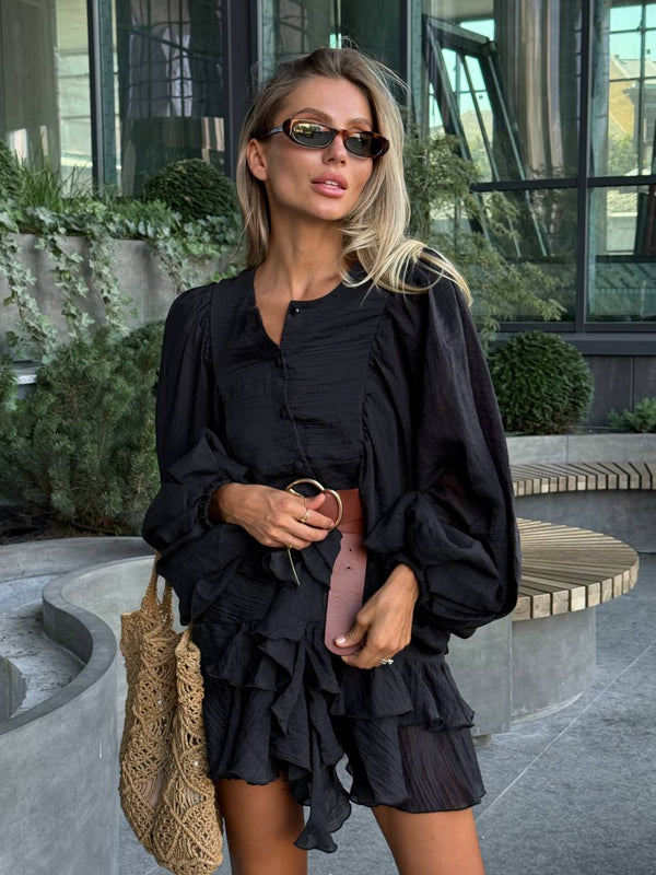 Rochie mini neagră cu volane Sicily