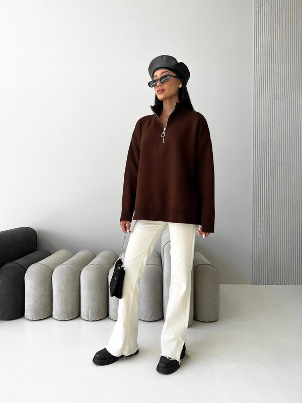 Maren Half-Zip Tunic Sweater – Brown