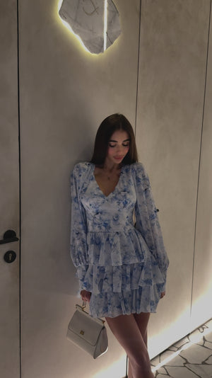 Azure Bloom Silk Chiffon Mini Dress