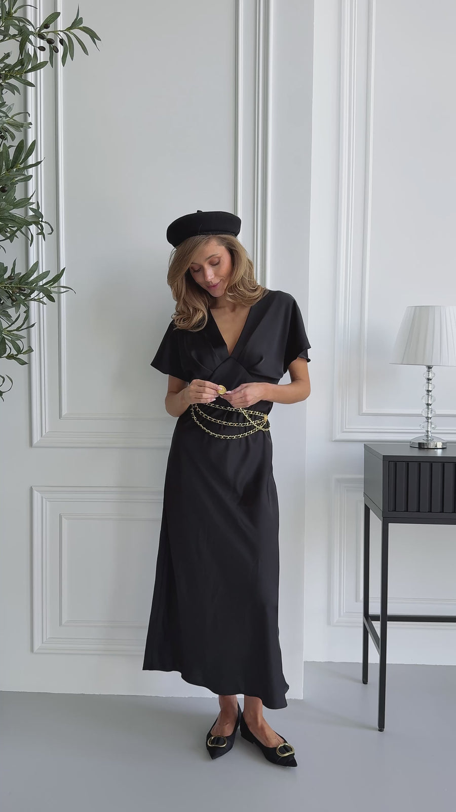 Quitterie Kimono-Sleeve Satin Midi in Black, video