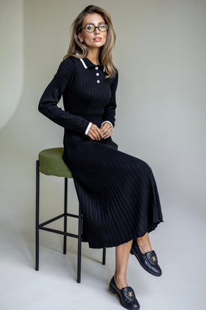 Constance Contrast-Collar Knit Midi Dress – Black