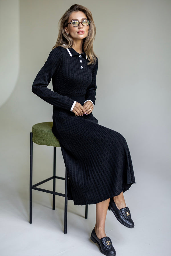 Constance Contrast-Collar Knit Midi Dress – Black