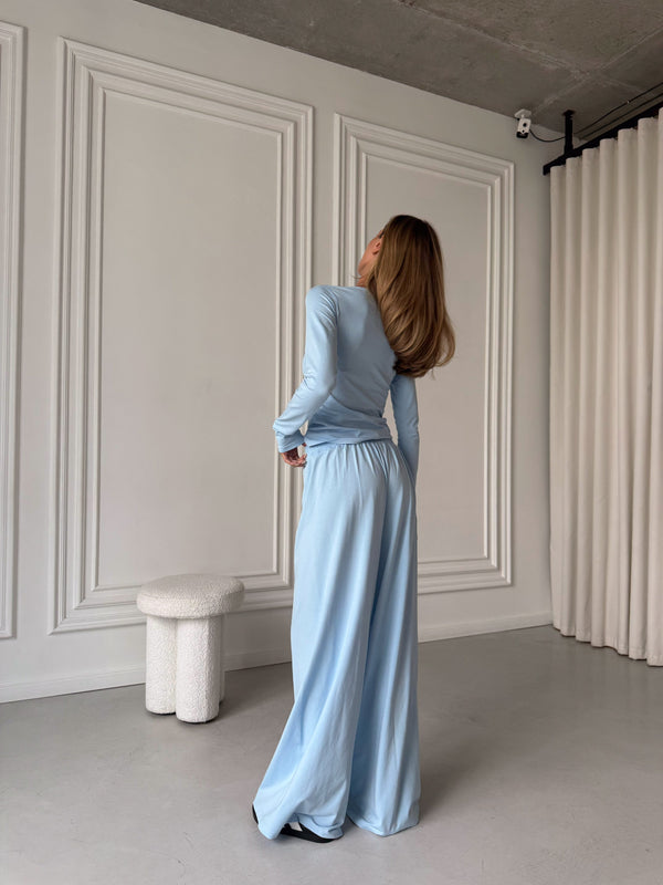 Angeline Knit Cardigan, Top & Trouser Set – Sky Blue